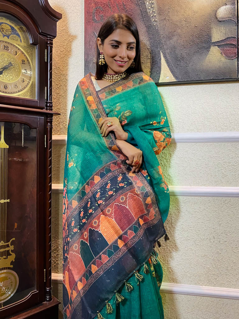 Ocean Green Linen Sequined Saree