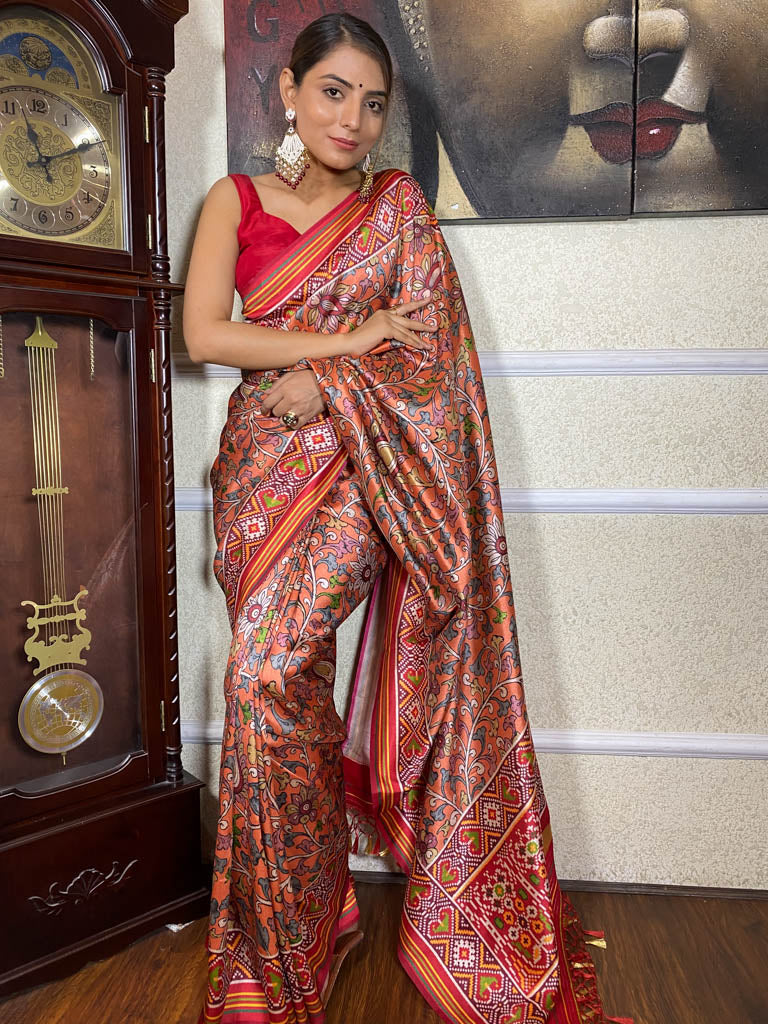Carrot Orange Kalamkari Tussar Silk Saree