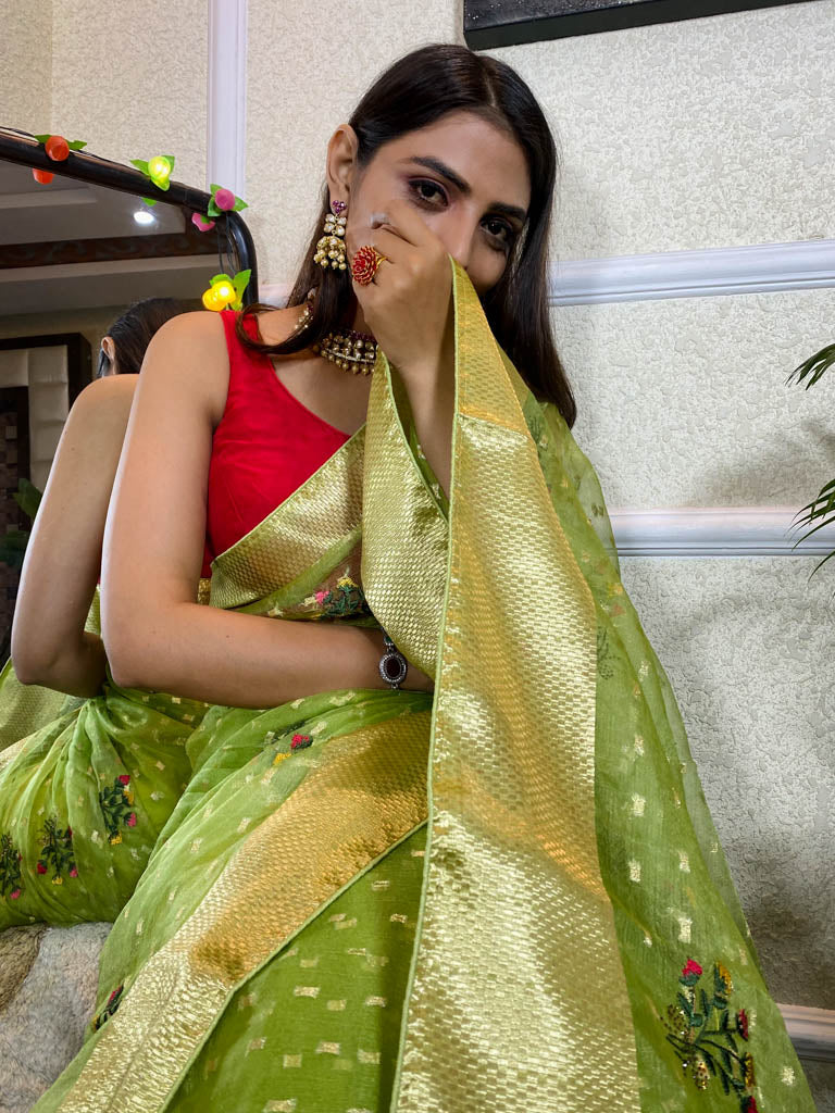 Parakeet Green Organza Silk Saree