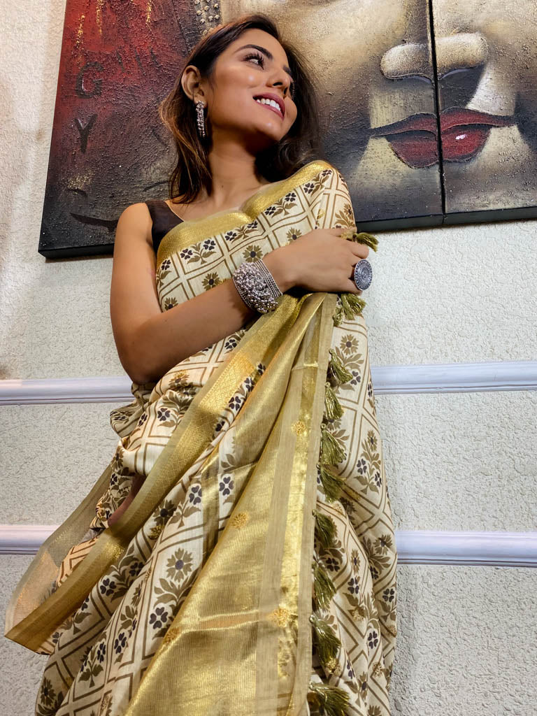 Beige Yellow Uppada Cotton Silk Saree