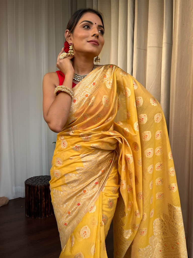 Tuscan Yellow Meenakari Cotton Silk Saree