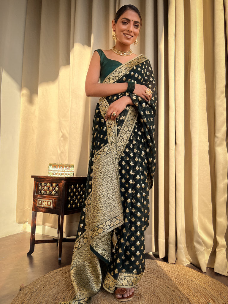 Bottle Green Banarasi Khaddi Weaved Georgette Saree
