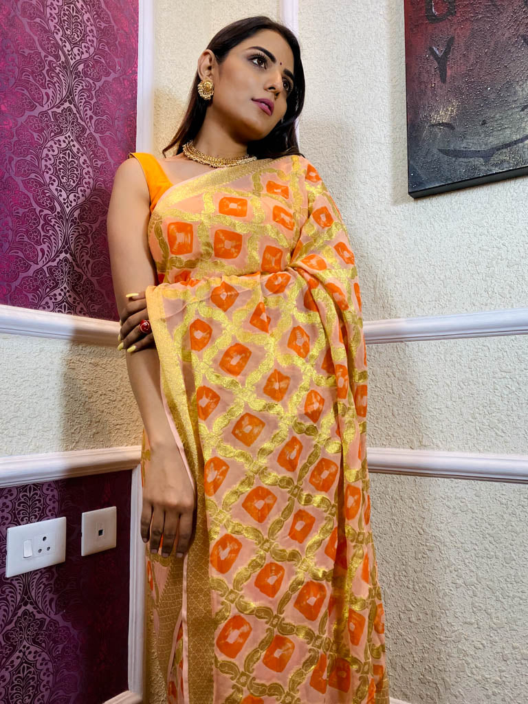 Pastel Orange Georgette Bandhej Saree