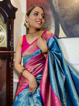 Azure Blue Kanjeevaram Silk Banarasi Handloom Saree