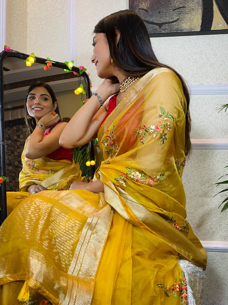 Canary Yellow Organza Silk Saree