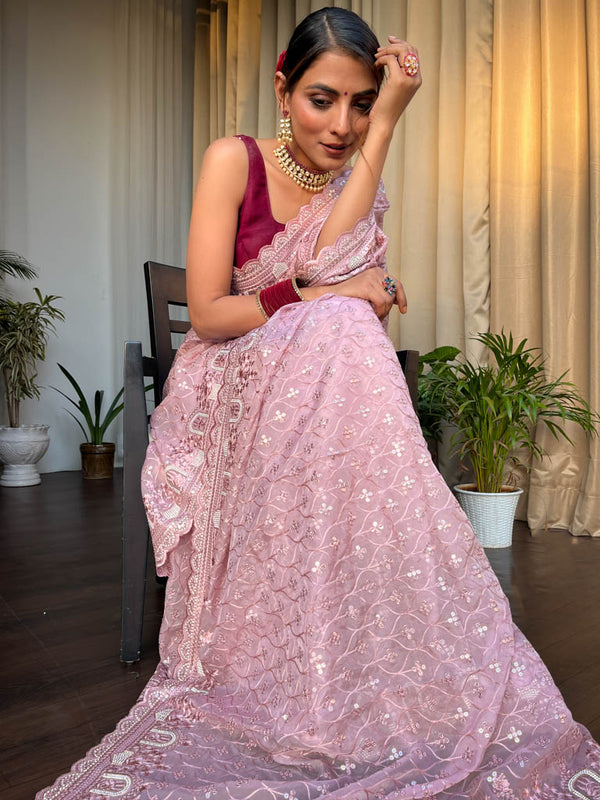 Blush Pink Organza Silk Saree with Scalloped Border
