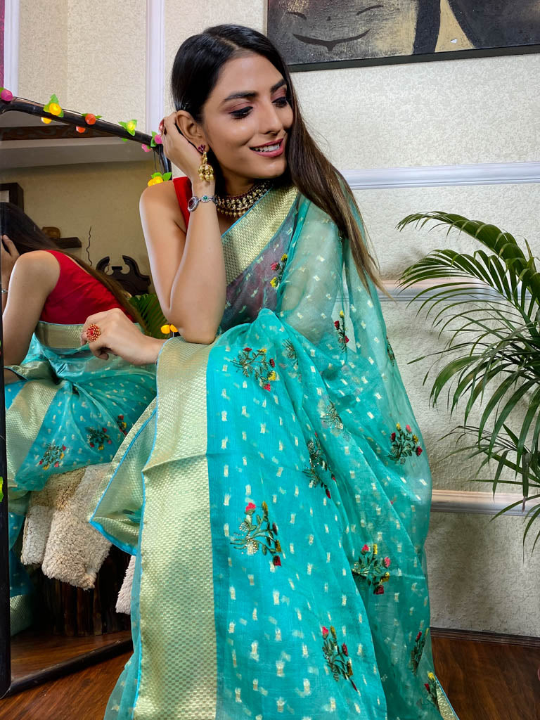 Sapphire Blue Organza Silk Saree