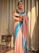 Peach Pink Antique Silver Kanjeevaram Silk Saree