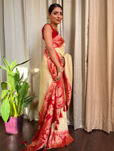 Off White Red Banarasi Silk Saree