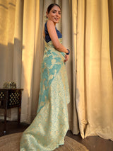 French green Banarasi Khaddi Weaved Georgette Saree