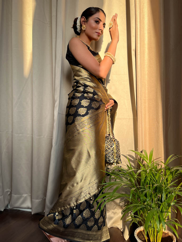 Midnight Black Banarasi Silk Saree
