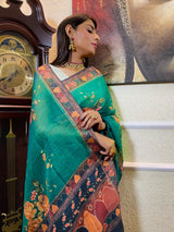 Ocean Green Linen Sequined Saree