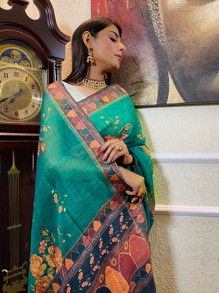 Ocean Green Linen Sequined Saree