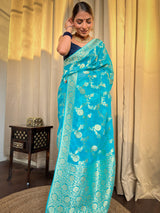 Firozi Blue Banarasi Khaddi Weaved Georgette Saree