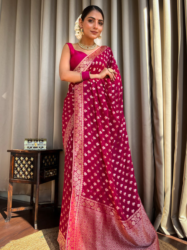 Queen Pink Banarasi Khaddi Weaved Georgette Saree