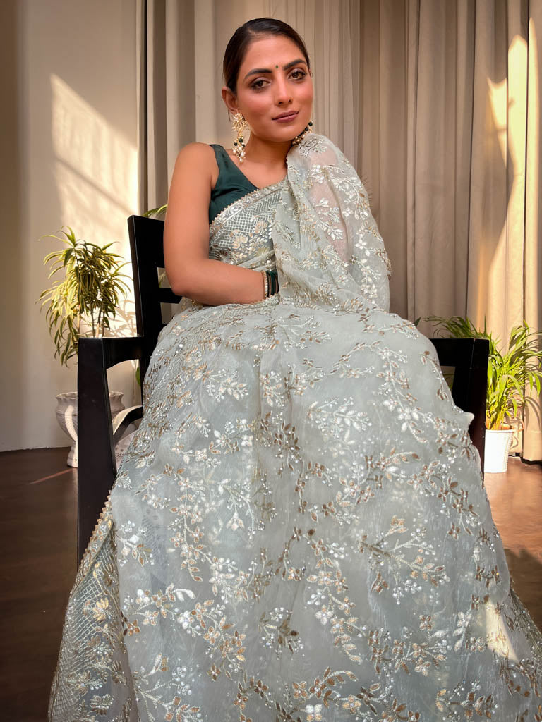 Fern Green Gota Embroidery French Georgette Saree