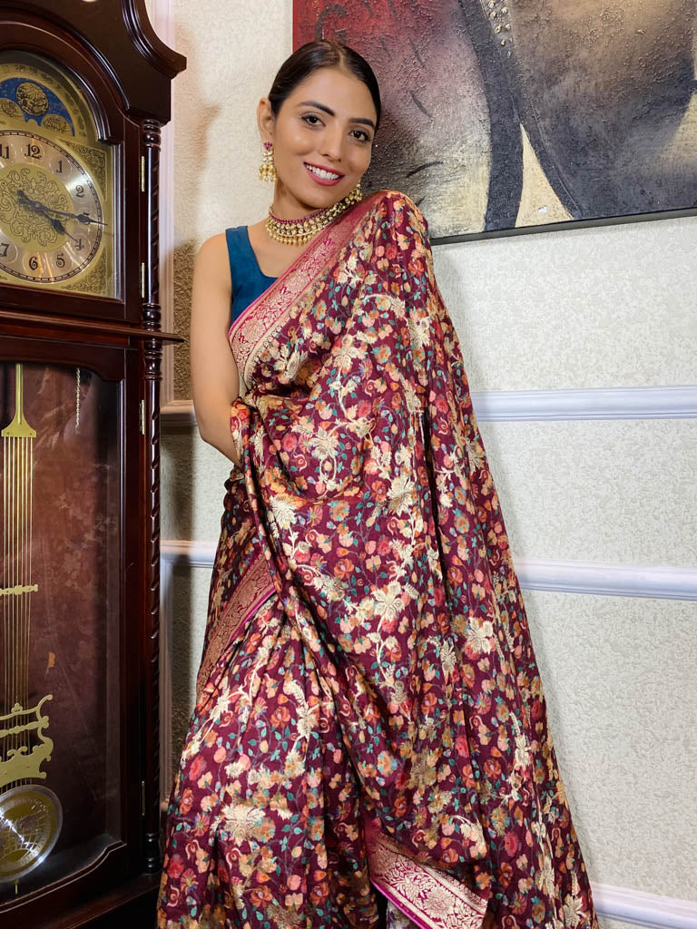 Sangria Red Designer Banarasi Silk Saree