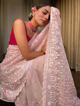 Flamingo Pink Organza Silk Saree with Scalloped Border