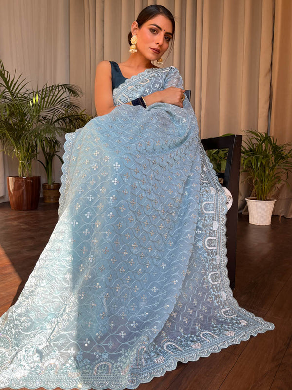 Ocean Blue Organza Silk Saree with Scalloped Border