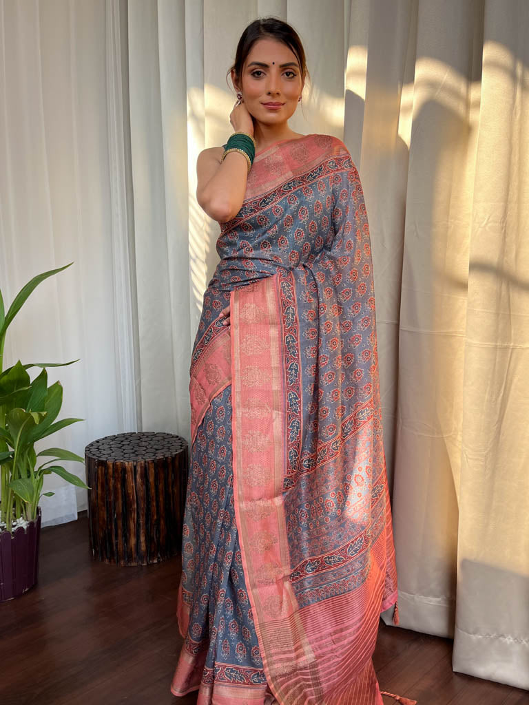 Spruce Blue Naturally Dyed Bagru Cotton Silk Saree