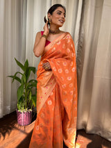 Carrot Orange Meenakari Cotton Silk Saree