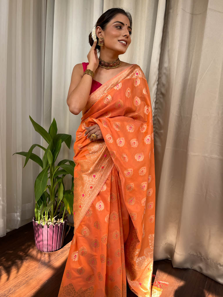 Carrot Orange Meenakari Cotton Silk Saree