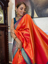 Carrot Orange Kanjeevaram Silk Banarasi Handloom Saree