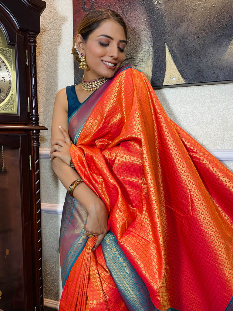 Carrot Orange Kanjeevaram Silk Banarasi Handloom Saree