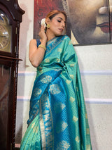 Teal Blue Banarasi Handloom Silk Saree