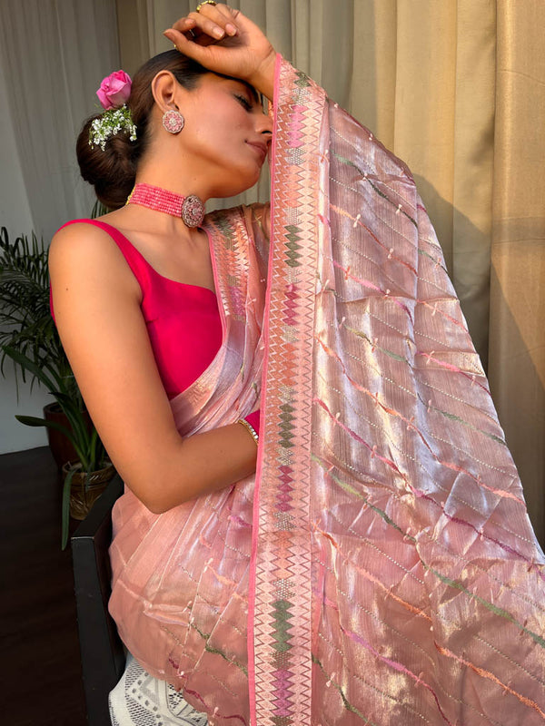 Salmon Pink French Organza Silk Saree