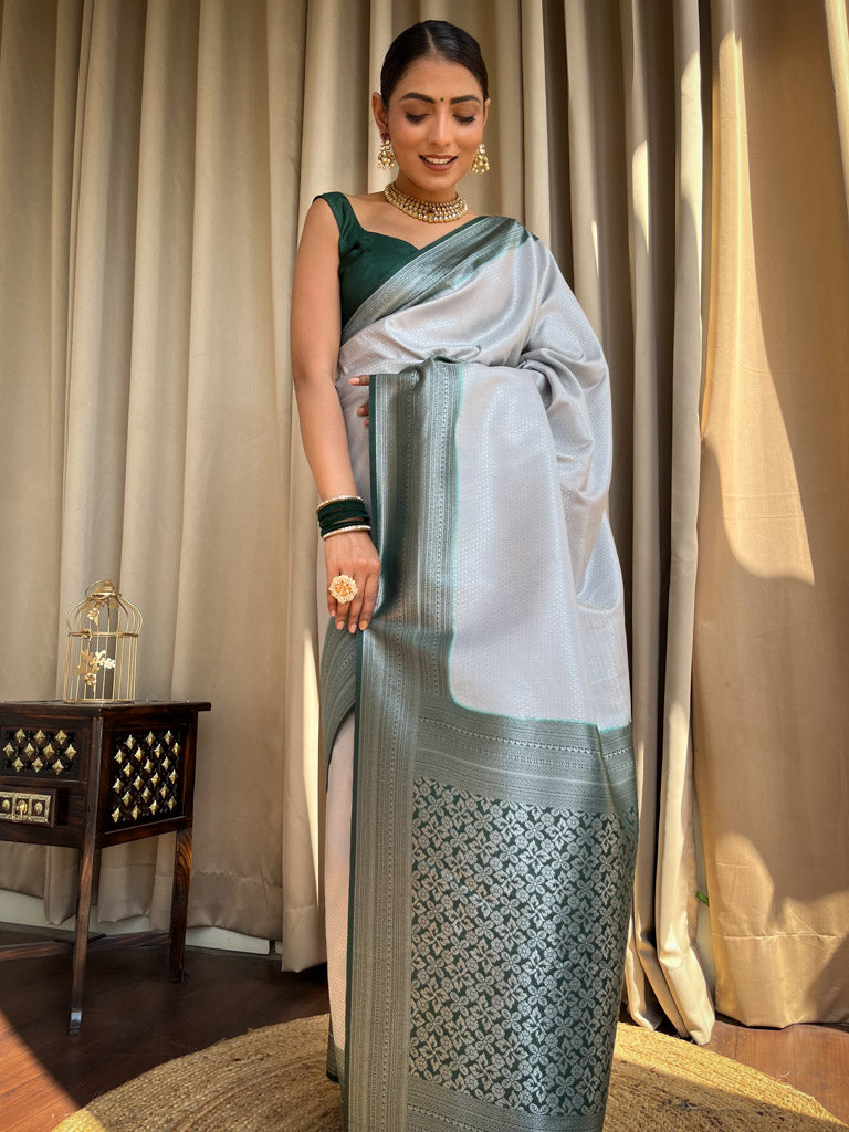 Metallic Grey Antique Silver Kanjeevaram Silk Saree
