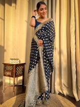 Midnight Blue Banarasi Khaddi Weaved Georgette Saree