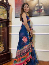Azure Blue Linen Sequined Saree