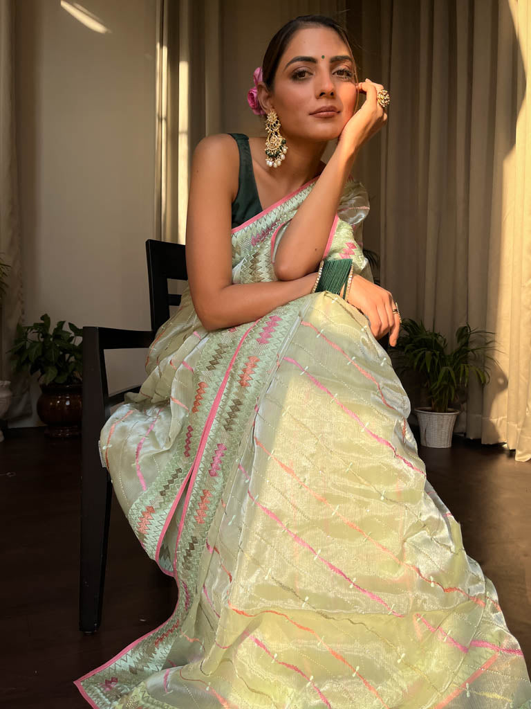 Lime Green French Organza Silk Saree