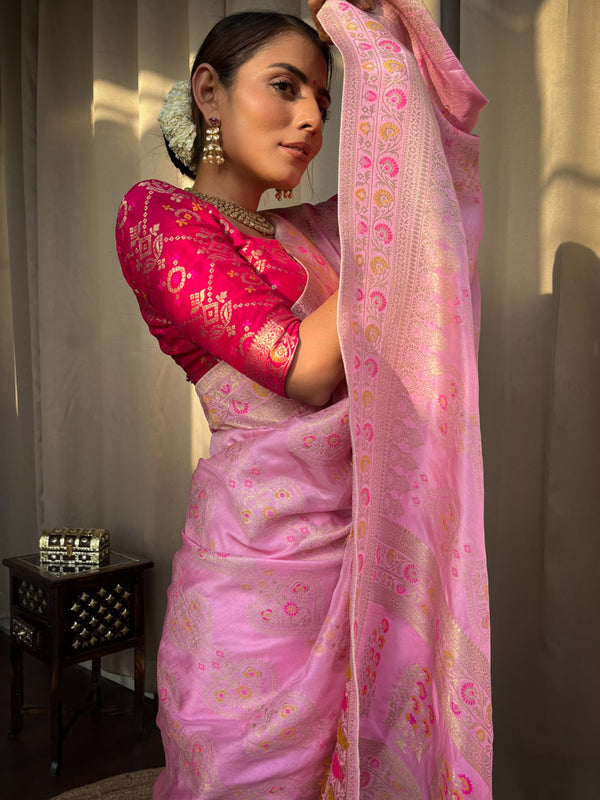 Baby Pink Meenakari Banarasi Uppada Silk Saree