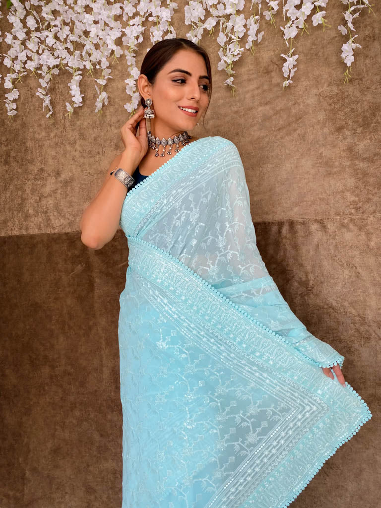 Arctic Blue Chikankari Sequined Georgette Saree