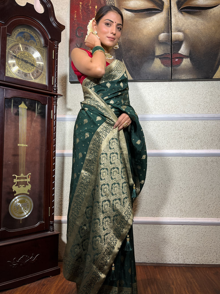 Bottle Green Banarasi Uppada Silk Saree