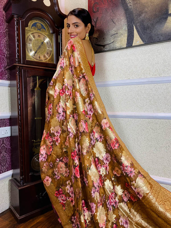 Caramel Brown Designer Banarasi Silk Saree