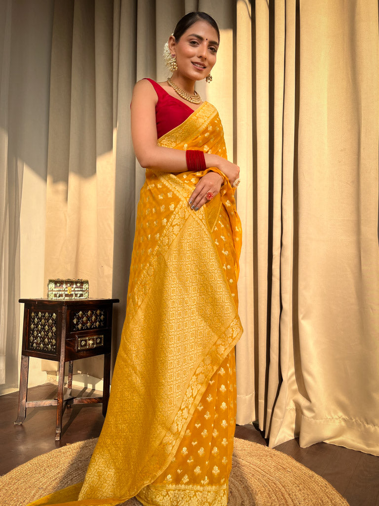 Mustard Yellow Banarasi Khaddi Weaved Georgette Saree