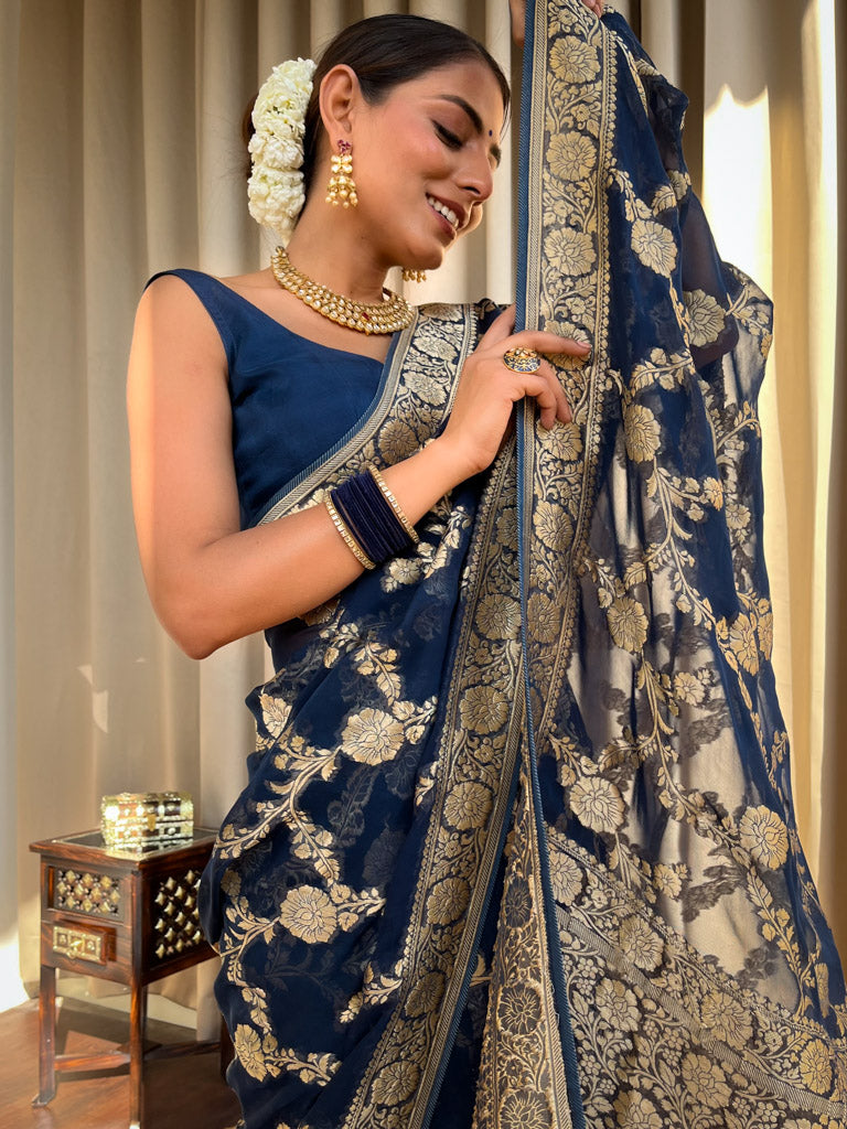 Midnight Blue Banarasi Khaddi Weaved Georgette Saree