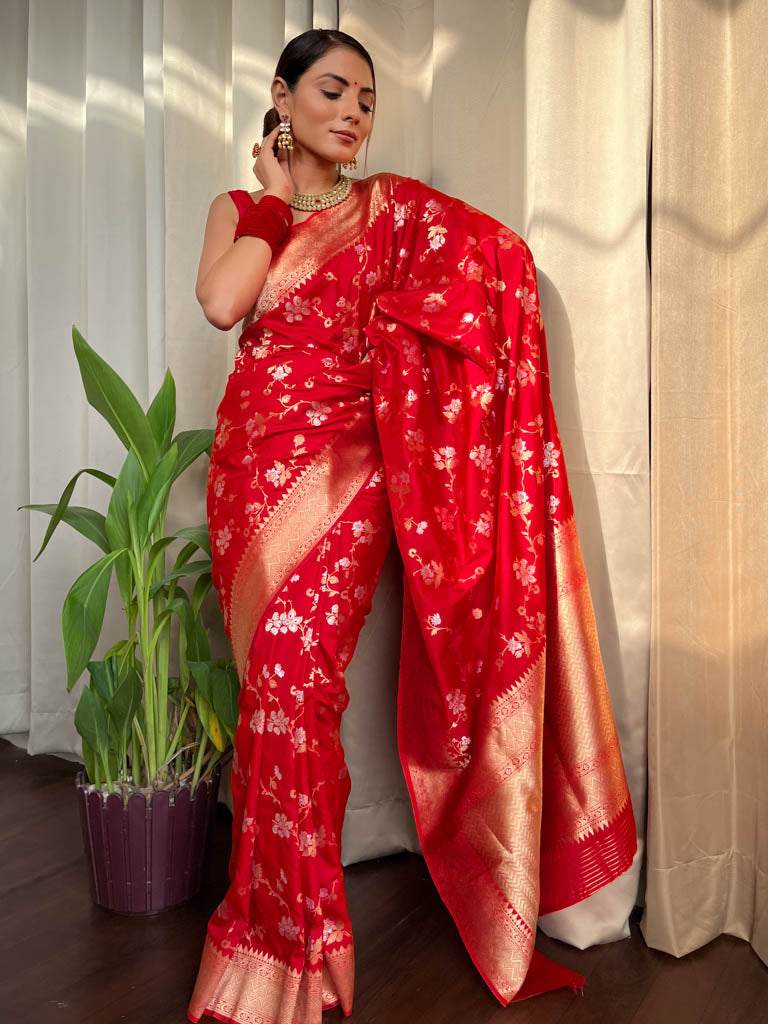 Crimson Red Banarasi Silk Saree