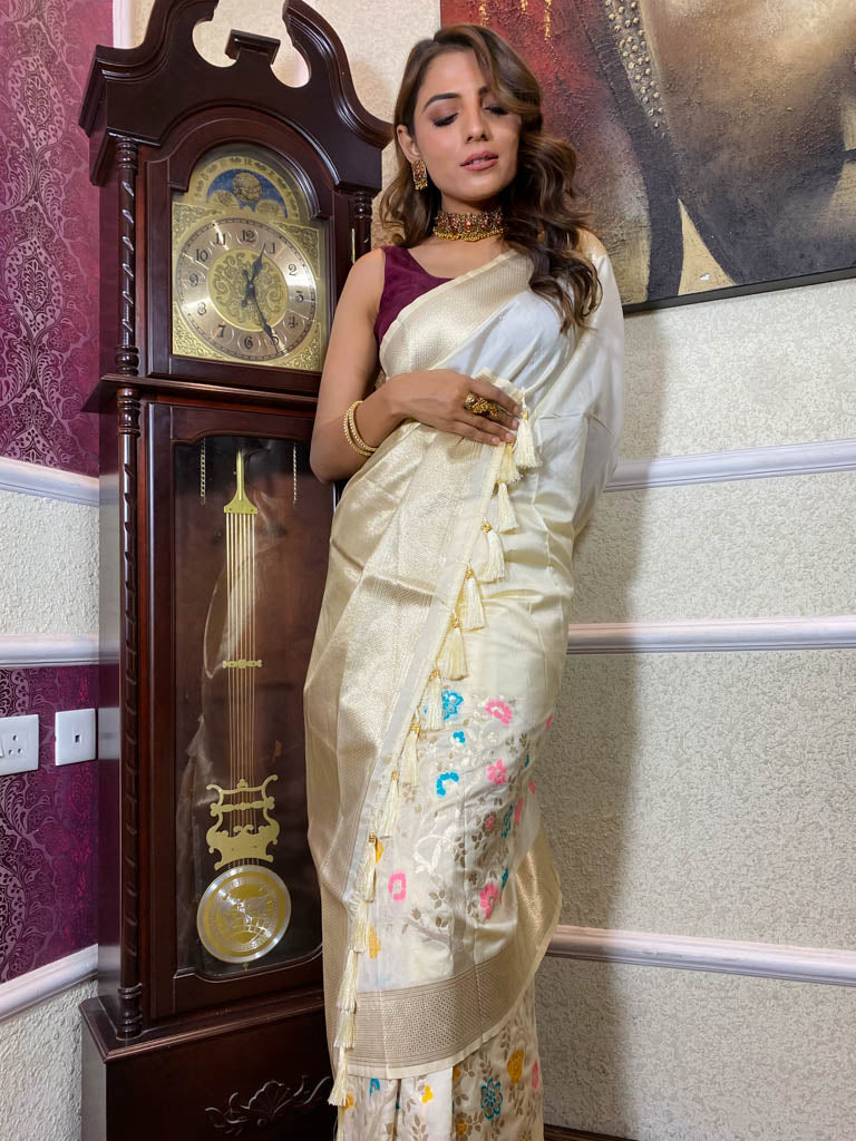 Daisy White Banarasi Silk Saree