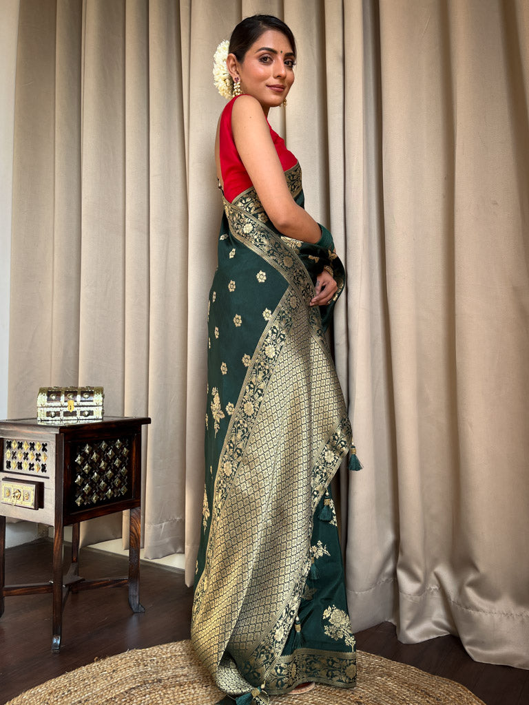 Bottle Green Banarasi Uppada Silk Saree