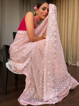 Flamingo Pink Organza Silk Saree with Scalloped Border
