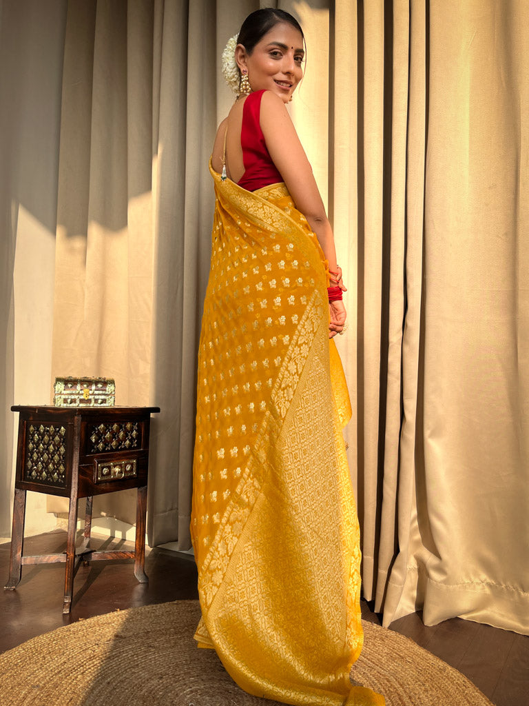 Mustard Yellow Banarasi Khaddi Weaved Georgette Saree