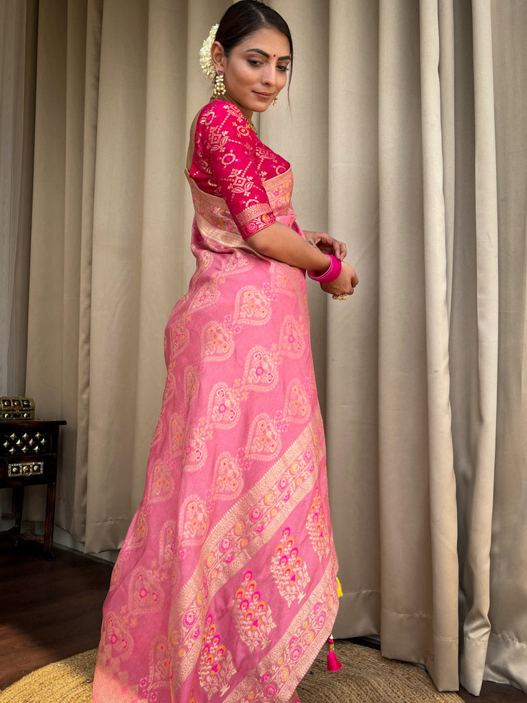 Onion Pink Meenakari Banarasi Uppada Silk Saree