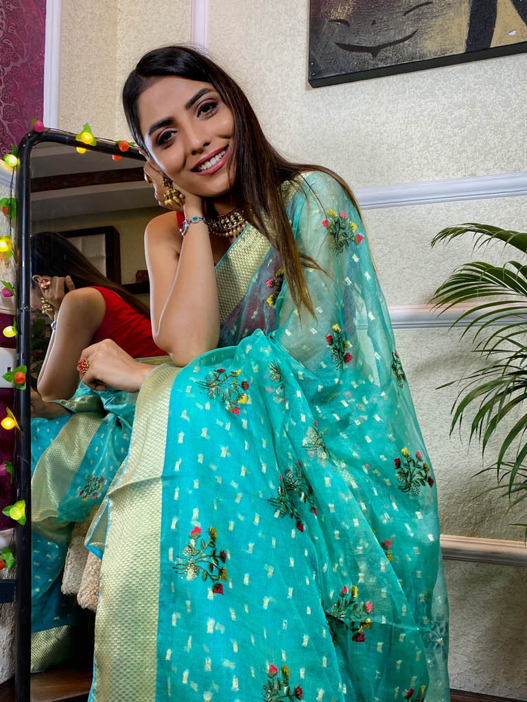 Sapphire Blue Organza Silk Saree