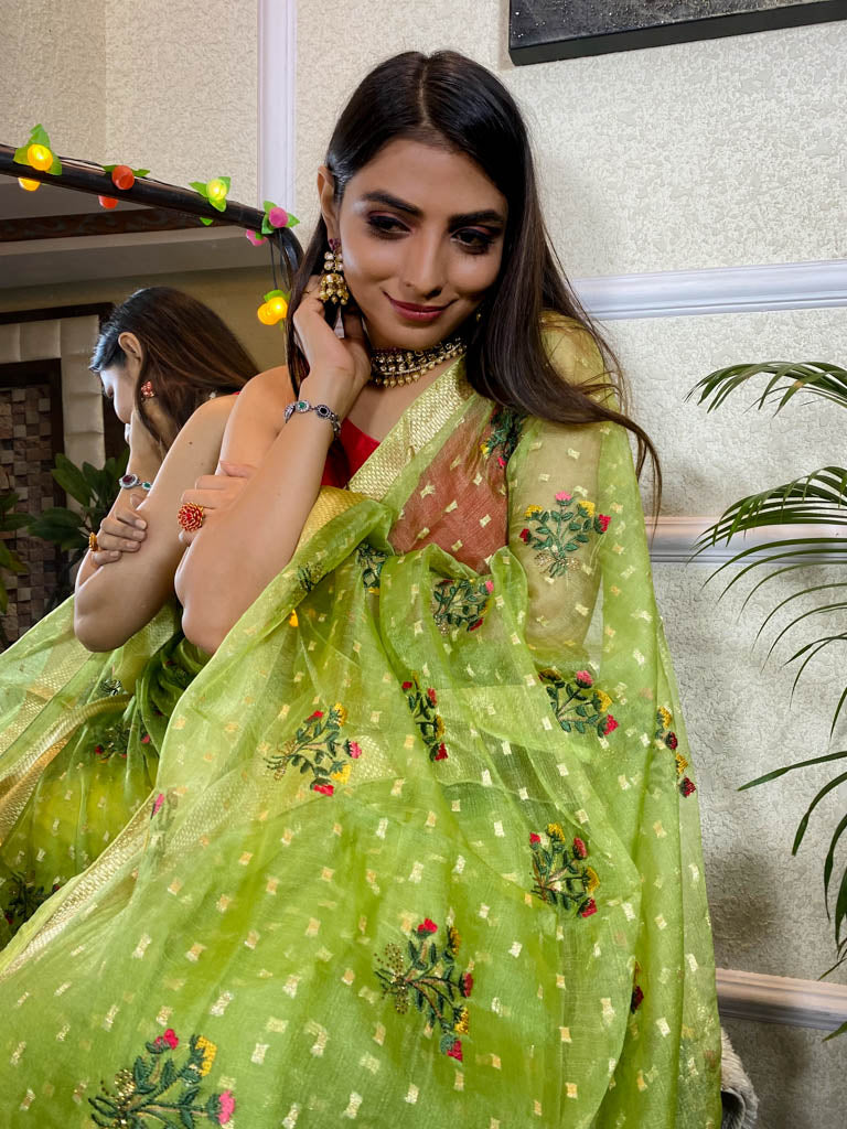 Parakeet Green Organza Silk Saree