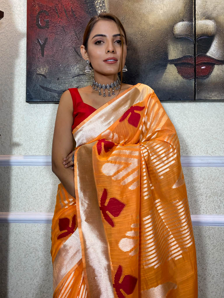 Tangerine Orange Cotton Linen Saree