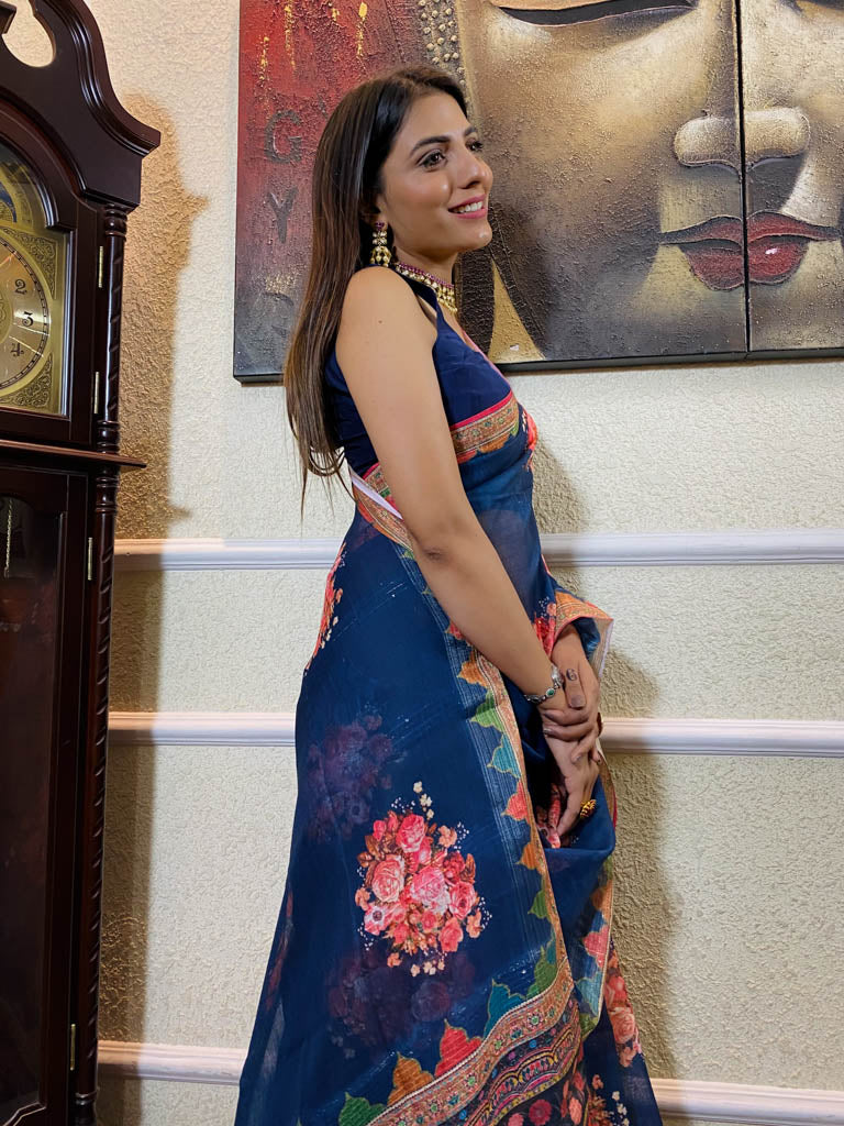 Azure Blue Linen Sequined Saree